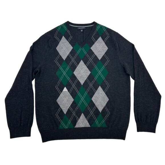 Banana Republic Other - Banana Republic Sweater Men's XL Gray Argyle V-Neck Pullover 100% Merino Wool